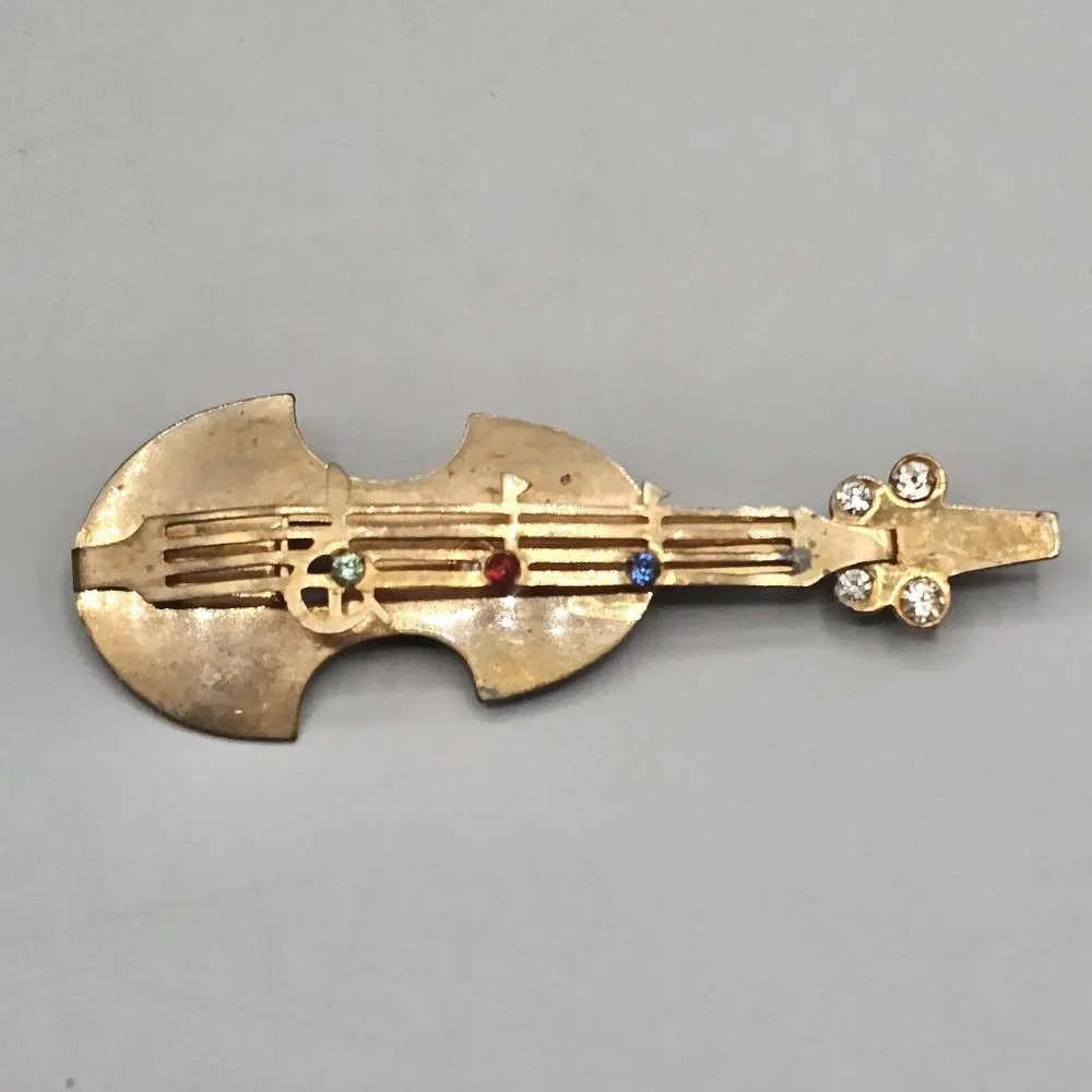 Vtg Cello Bass Brooch Pin Brass Dimensional Rhinestone Music Notes 1950s - Picture 2 of 9